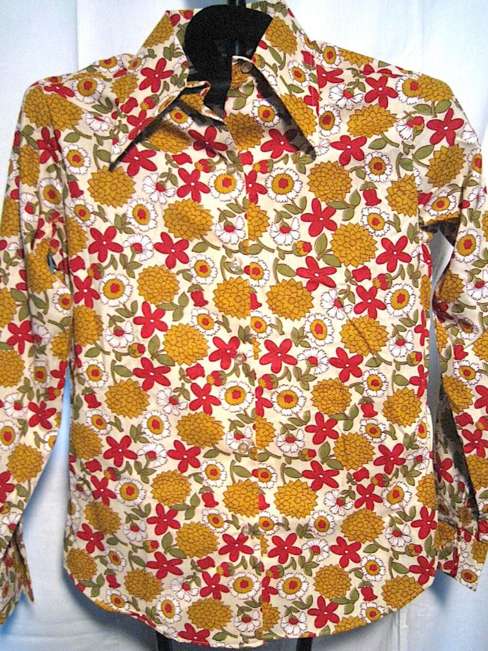 Sue Lane Floral Geometric Dagger Collar 1970s Blouse Shirt Deadstock